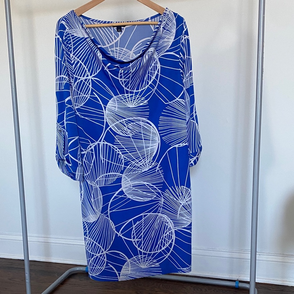 Banana Republic Women's Dress Blue White Geometric Stretch Artsy Abstract Sz L